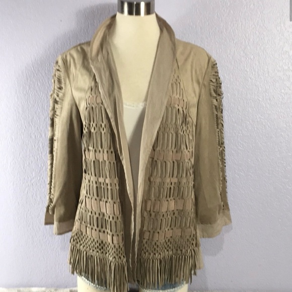 Chico’s 2 Tan Faux Suede Fringe Jacket - Picture 6 of 8